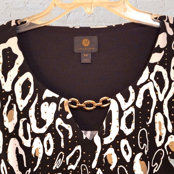 JM Collection black, tan & white teardrop swirl top, gold beads shirt Sz. PXL - Picture 3 of 6